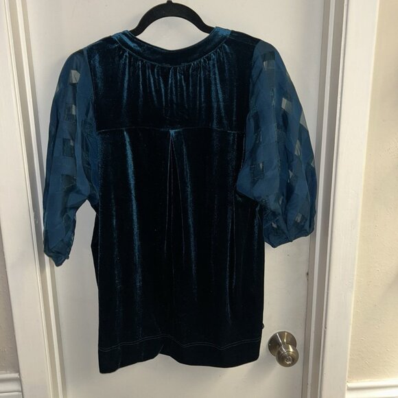 Umgee Teal Velvet V-Neck Small Sheer Puff Sleeve Top Great for the Holidays - Picture 6 of 9